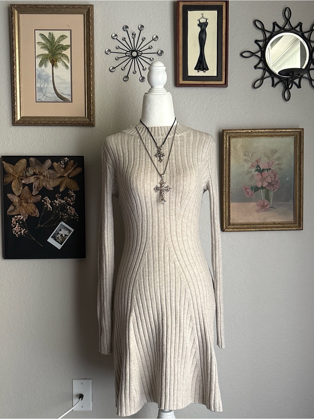 Hollister Cream Ribbed Long Sleeve Knit Dress